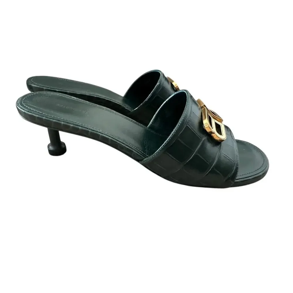 Balenciaga Groupie BB Sandal in Green Croc-Embossed Calfskin leather Size 37.5